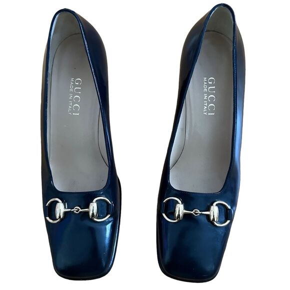 SOLD:Gucci Women's Gold Horsebit Navy Blue Block Heels Size 38C, 8 Wide - Picture 2 of 11